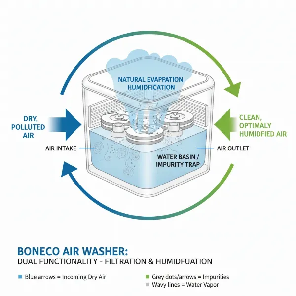 Diagram showing air purification and humidification process of a Boneco Air Washer.