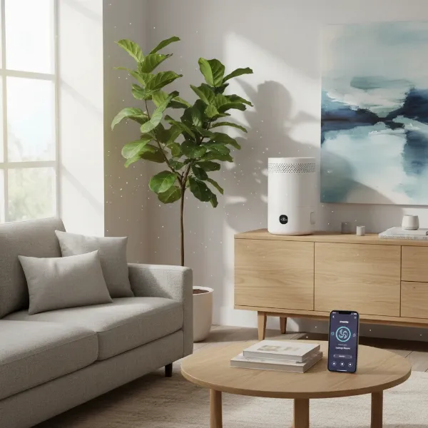 Modern Boneco Air Washer in a living room, demonstrating smart control and quiet operation.