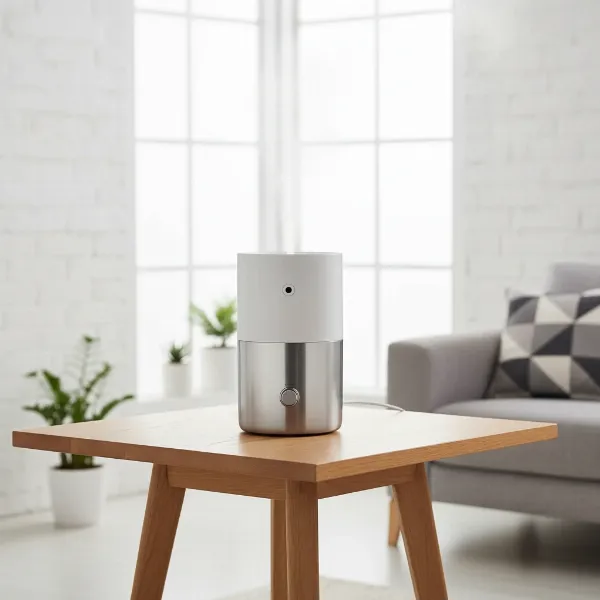 A sleek, minimalist Carepod humidifier with a stainless steel tank, showcasing its modern design in a home setting