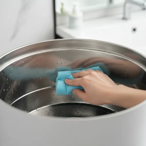 A person demonstrating the easy cleaning of a Carepod humidifier's stainless steel water tank.