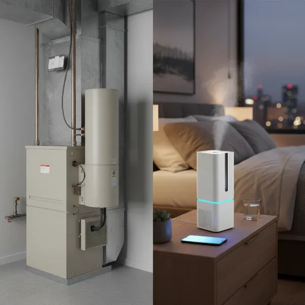 A split image comparing a central whole-house humidifier connected to an HVAC system and a compact portable humidifier on a table, highlighting their differences in scale and integration.