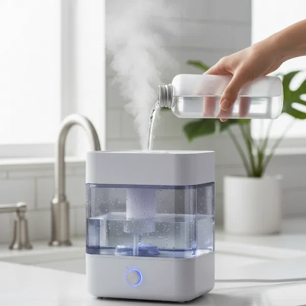 A person pouring distilled water into a sparkling clean humidifier.