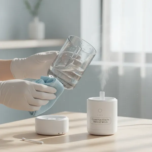 Person cleaning a small car humidifier to prevent mold buildup