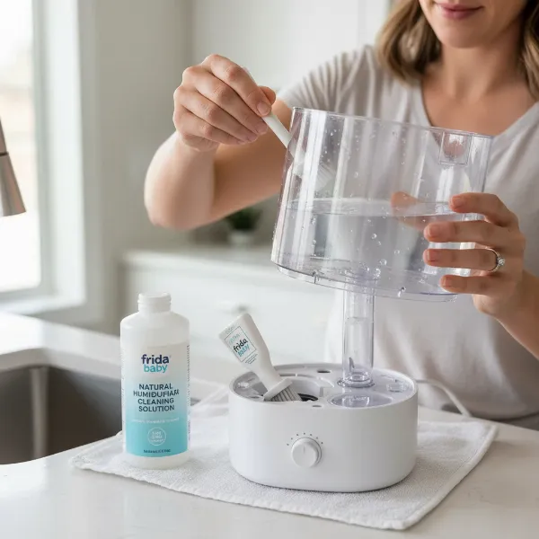 A parent cleaning the Frida Baby 3-in-1 Humidifier, showing the water tank being scrubbed or soaked with a cleaning solution.