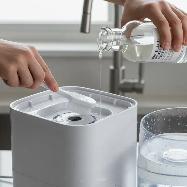 Hands demonstrating how to clean the Magictec Cool Mist Humidifier with a vinegar solution