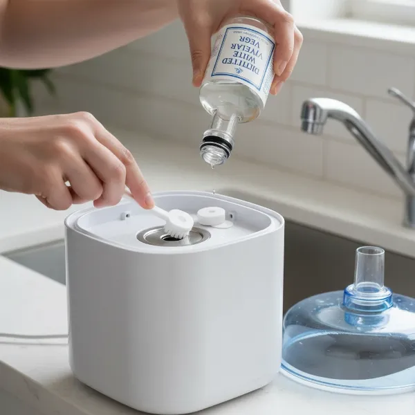 Person cleaning a TaoTronics humidifier base with white vinegar to remove mineral deposits and ensure hygiene.