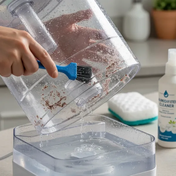 Person cleaning a humidifier tank and base with a brush to remove mineral buildup and improve efficiency.