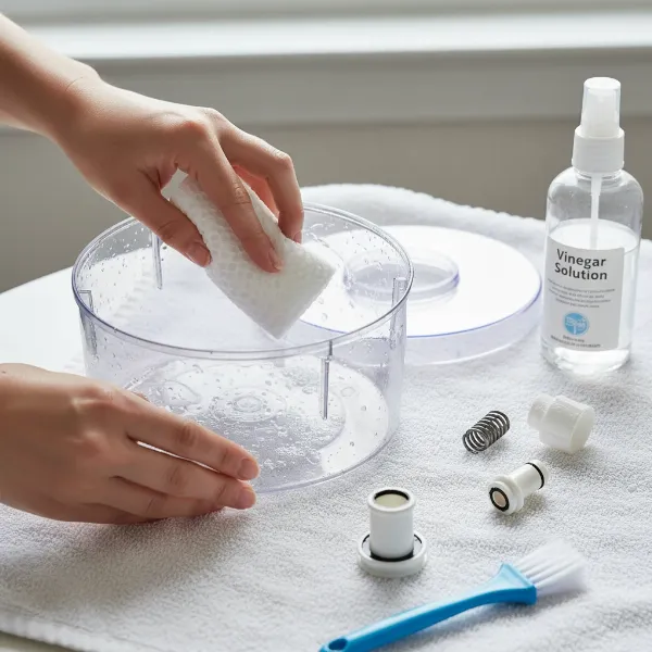 Detailed steps for cleaning a humidifier, showing hands cleaning parts with vinegar solution and brush