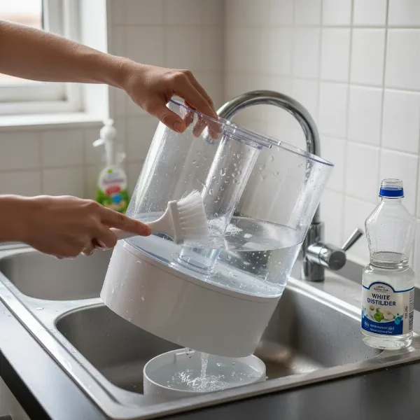 Hand cleaning humidifier base with a vinegar solution and a soft brush to remove mineral buildup.