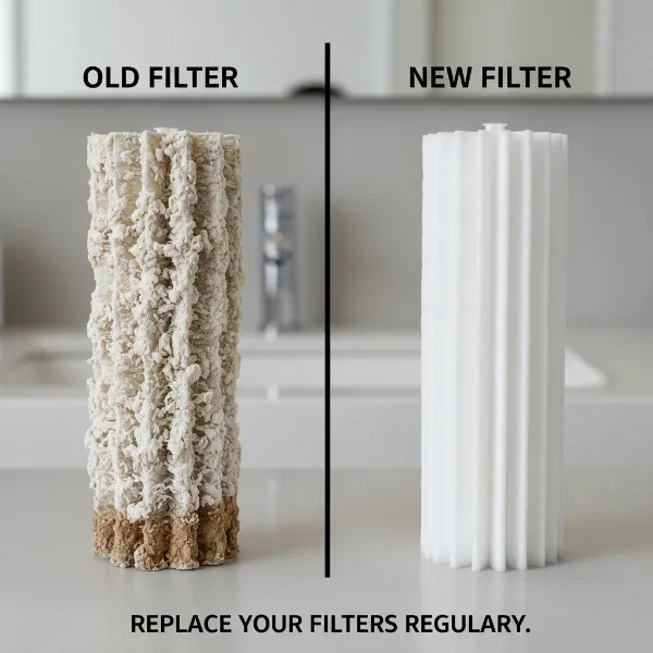 Side-by-side comparison of a dirty, clogged humidifier filter and a new, clean filter.