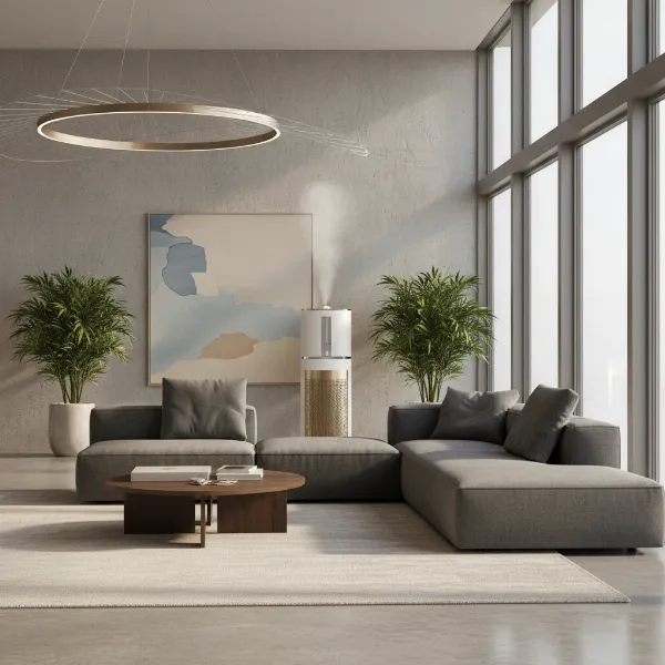 A modern console humidifier seamlessly integrated into a large, open-concept living room