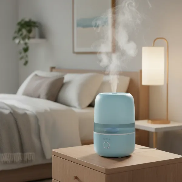 A stylish Crane Drop Humidifier in a modern room setting, highlighting its unique teardrop design and quiet mist output.