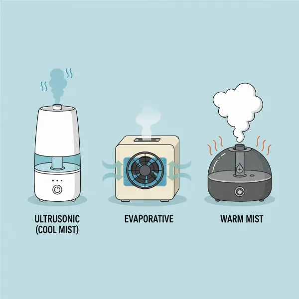 Illustration depicting different types of humidifiers: ultrasonic, evaporative, and warm mist, with their distinct features visible.