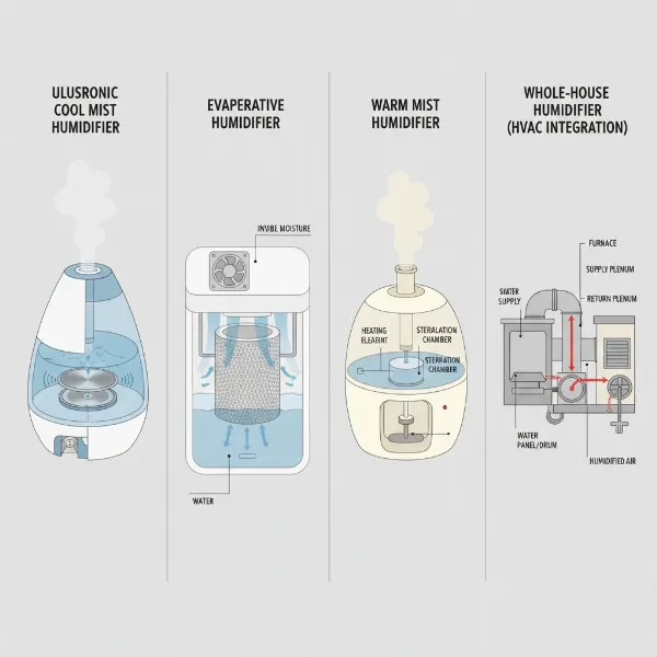 Visual comparison of four common humidifier types: ultrasonic, evaporative, warm mist, and whole-house.