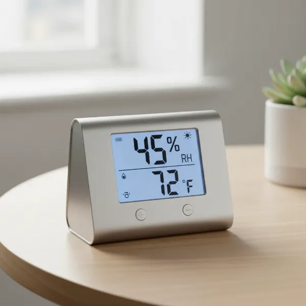 A clear digital hygrometer displaying humidity and temperature, highlighting modern convenience.