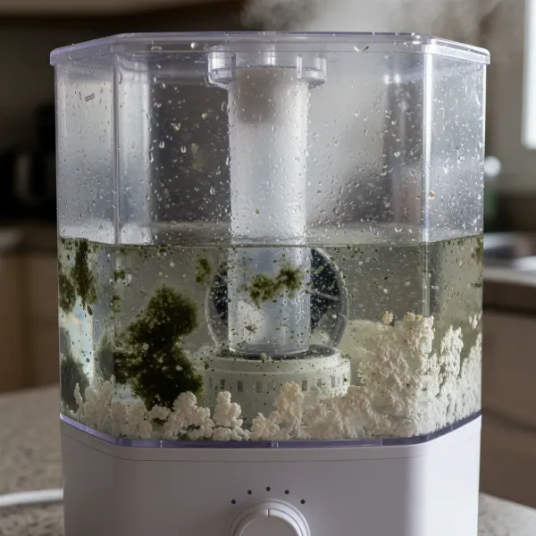 Close-up of dirty humidifier components with visible mold and mineral buildup, highlighting health risks