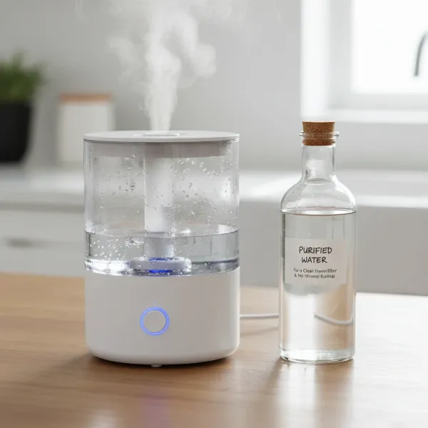 A bottle of distilled water next to a clean, well-maintained humidifier.
