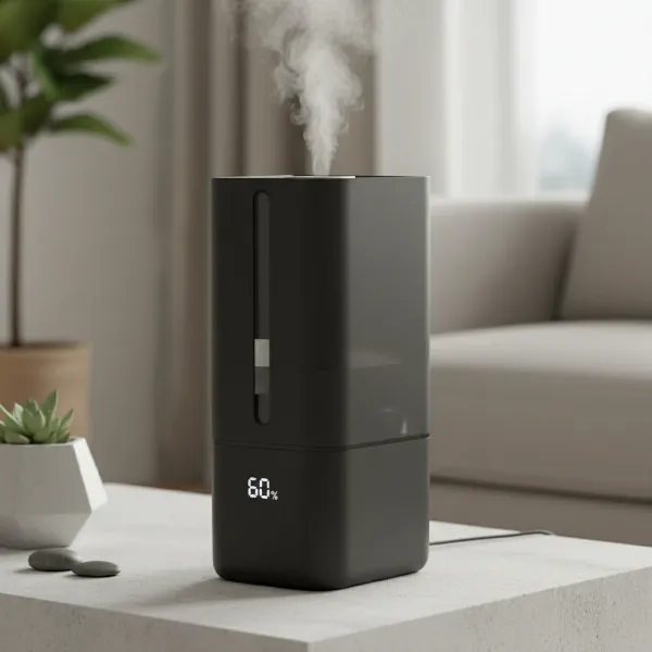 The Dreo 713S Smart Humidifier, a slim, elegant, black ultrasonic humidifier with a digital display.