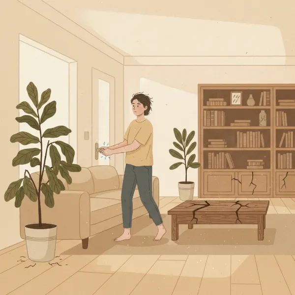 People experiencing dry skin and static, with cracked wood furniture and wilting plants in a large dry room