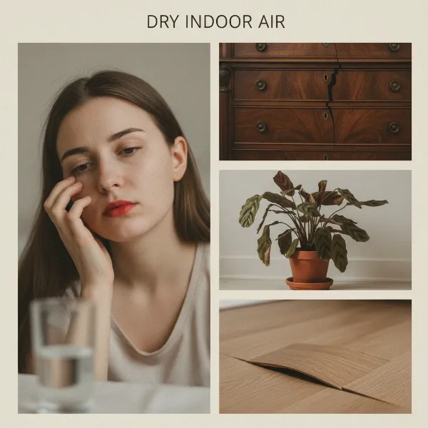 Illustration showing the negative health impacts of dry air and damage to wooden furniture.