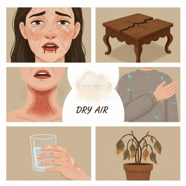 Impact of dry air on health and home, showing discomforts and damage.