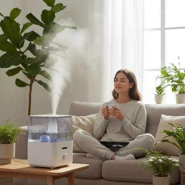 A person feeling refreshed in a room with a humidifier, showing healthy skin and comfortable breathing, illustrating the benefits of the Elechomes SH8830 Warm and Cool Mist Humidifier.