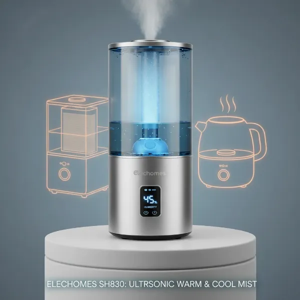 A clean, modern Elechomes SH8830 humidifier contrasting with generic silhouettes of other humidifier types, highlighting its advanced features.