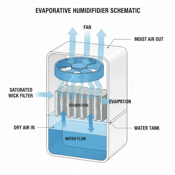 A diagram showing the internal components of an evaporative humidifier, including the fan, wick filter, and water reservoir, with arrows illustrating airflow and evaporation.