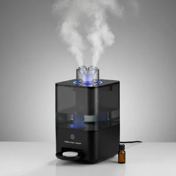 The Everlasting Comfort humidifier showcasing its main features like the mist output, essential oil tray, and sleek design