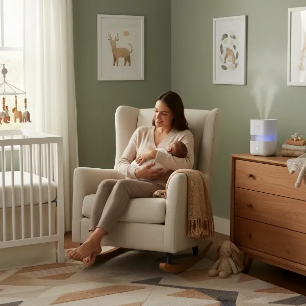 A happy family or parent interacting warmly in a nursery setting where the Frida Baby 3-in-1 Humidifier is present, symbolizing comfort and well-being.