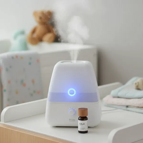 A close-up of the Frida Baby 3-in-1 Humidifier showcasing its modern design, cool mist, and glowing nightlight feature.