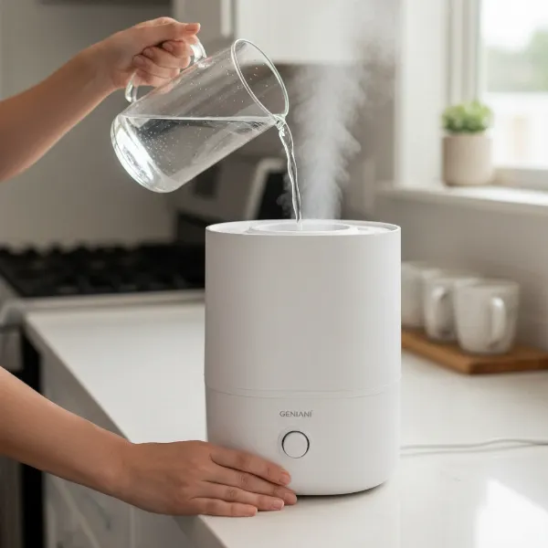 Person refilling Geniani top fill humidifier effortlessly, showing the wide opening and ease of use.