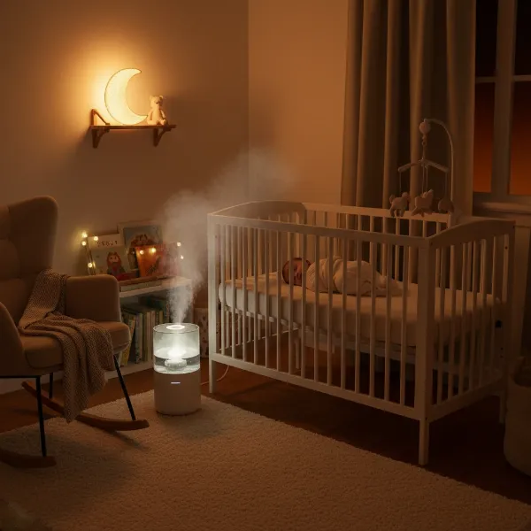 A peaceful baby sleeping soundly in a crib with a gentle cool mist humidifier operating in the background.