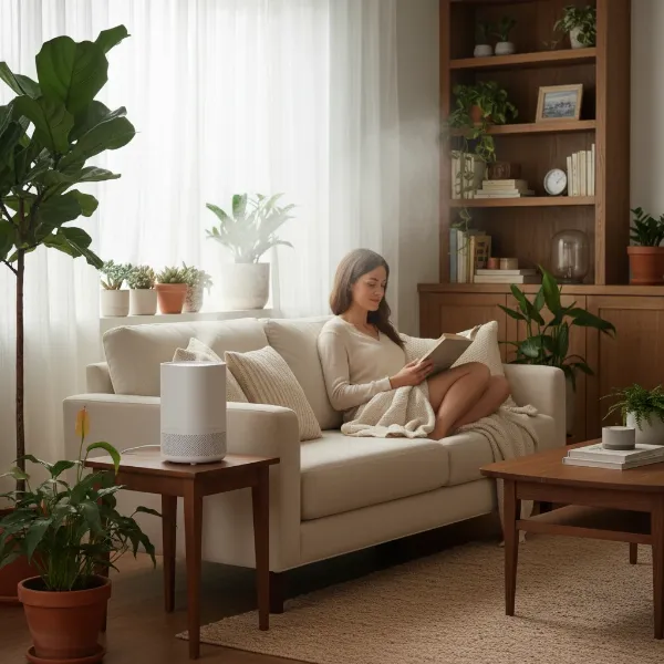 Person enjoying healthy home humidity, showcasing benefits like comfortable skin and clear breathing.