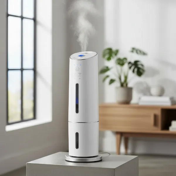 The HoMedics TotalComfort Deluxe Ultrasonic Humidifier, a stylish, tall, and slender white tower humidifier.