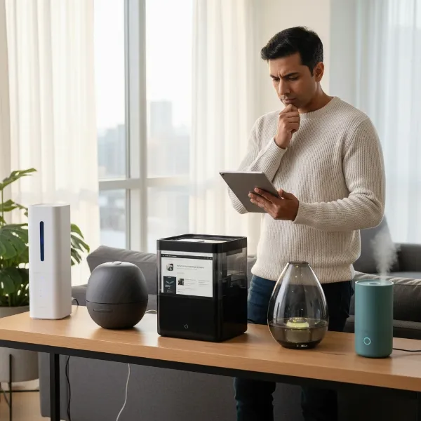 A person thoughtfully considering different humidifier options with various features and designs.