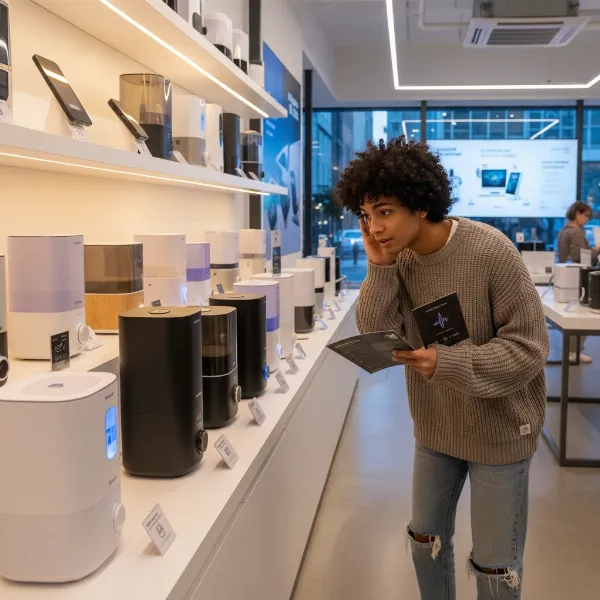 A singer carefully selecting a humidifier from various models, considering features for vocal care and practice space.