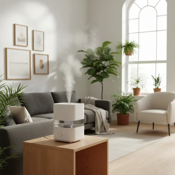 A modern cool mist humidifier placed centrally on a wooden side table in a living room, illustrating even mist distribution.