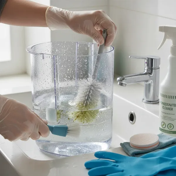 A person demonstrating the essential steps of cleaning a humidifier tank for hygiene.