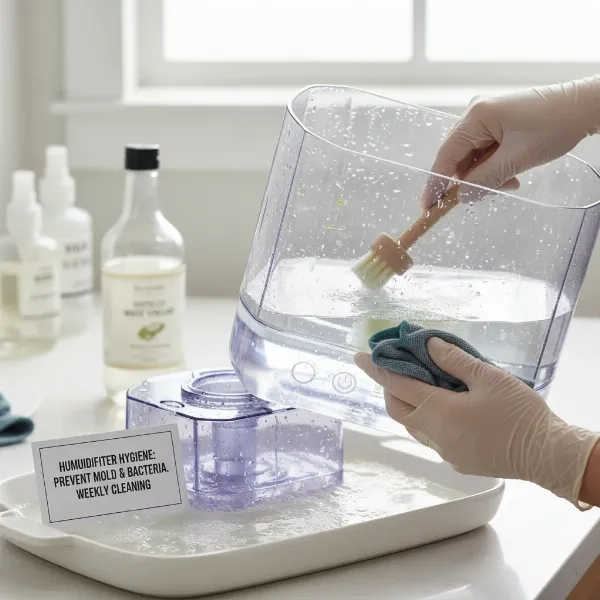 Hands cleaning a humidifier tank with a brush, emphasizing essential maintenance for health.