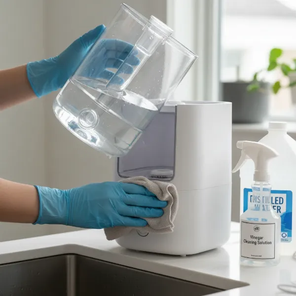 Hands performing routine cleaning and maintenance on a modern humidifier.