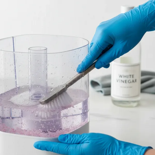 A person diligently cleaning a humidifier tank, scrubbing away pink residue with a brush and using white vinegar solution.