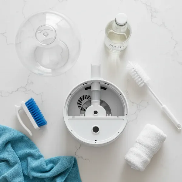 Various cleaning supplies like white vinegar, brushes, and cloths laid out next to a disassembled humidifier for cleaning.