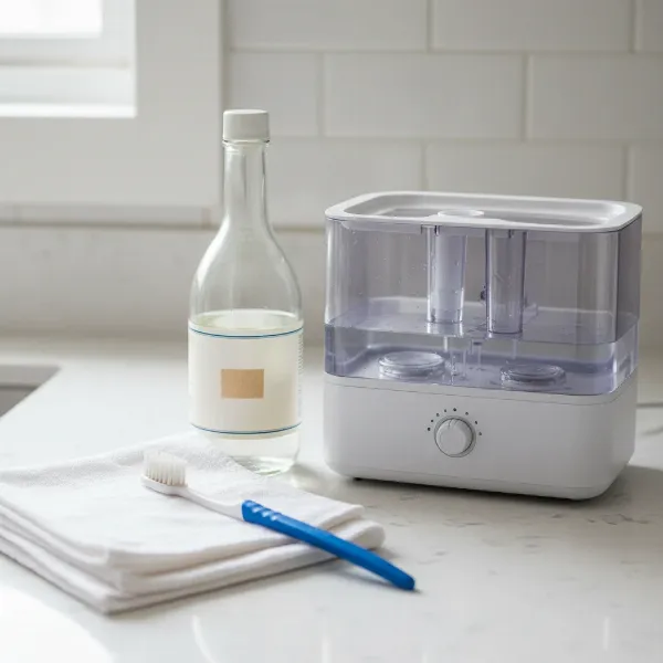A collection of humidifier cleaning supplies including white vinegar, an old toothbrush, and clean cloths.