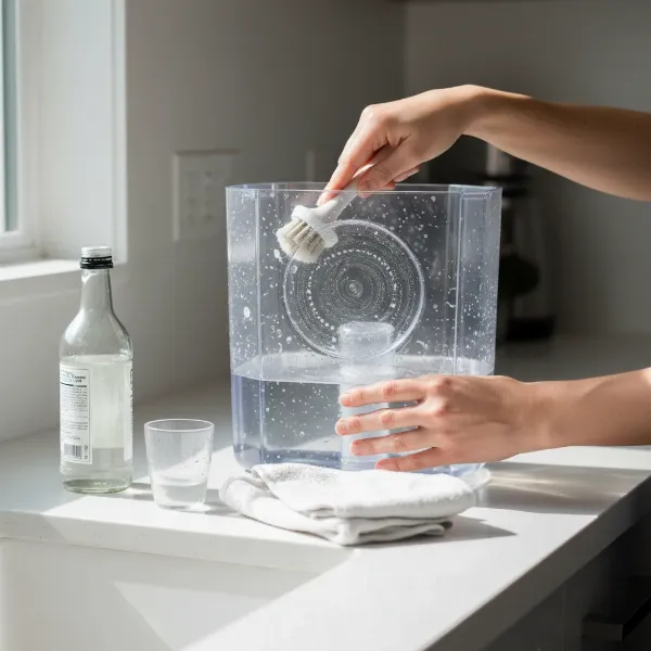 Hands cleaning a humidifier tank with a brush and a bottle of white vinegar nearby, emphasizing proper maintenance