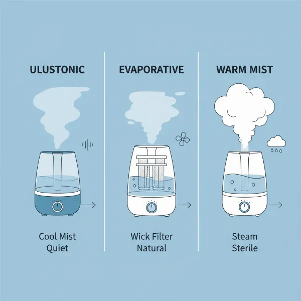 Diagram comparing ultrasonic, evaporative, and warm mist humidifiers with their mist outputs