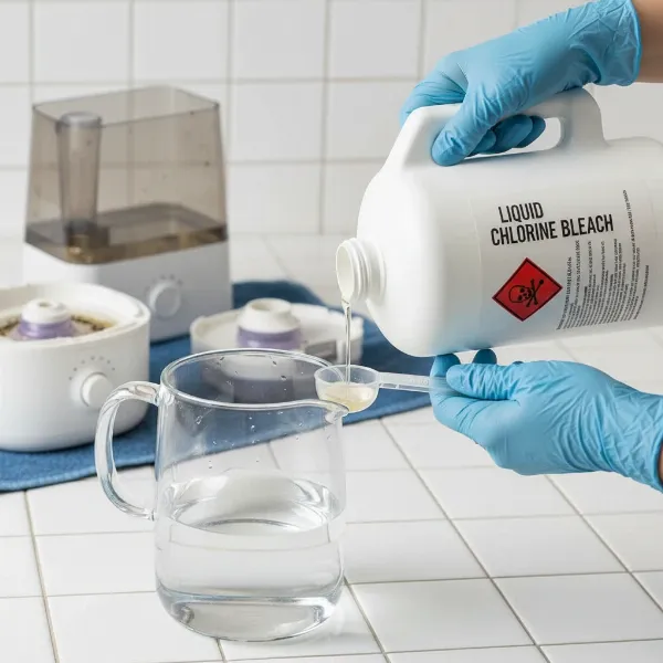 Hands preparing bleach solution for humidifier disinfection, emphasizing safety