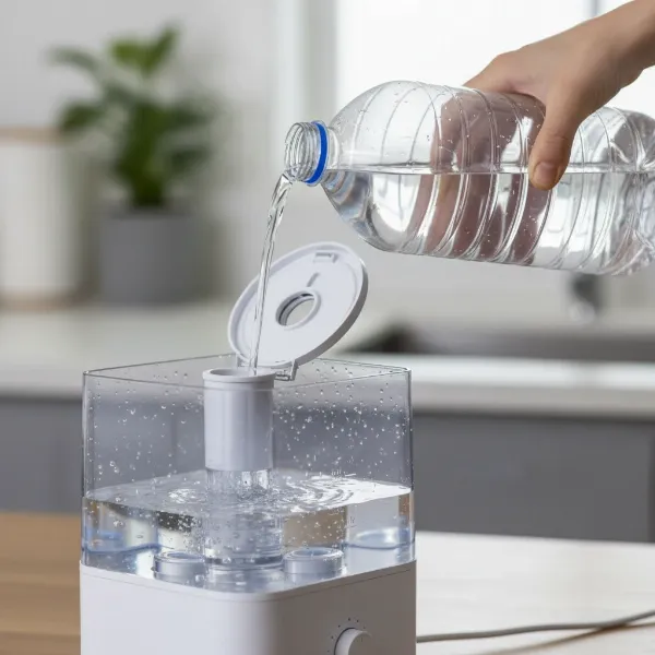 A person pouring a bottle of distilled water into a clean humidifier tank, emphasizing the importance of clean water.