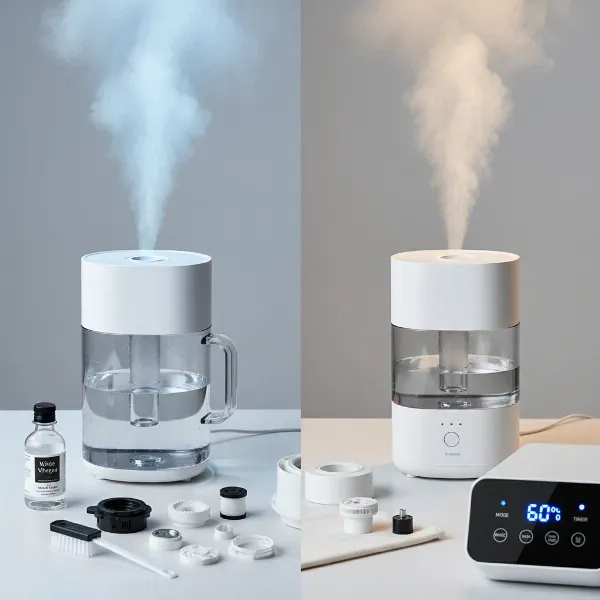 Various features of humidifiers displayed with icons: mist types, controls, tank capacity, and ease of cleaning