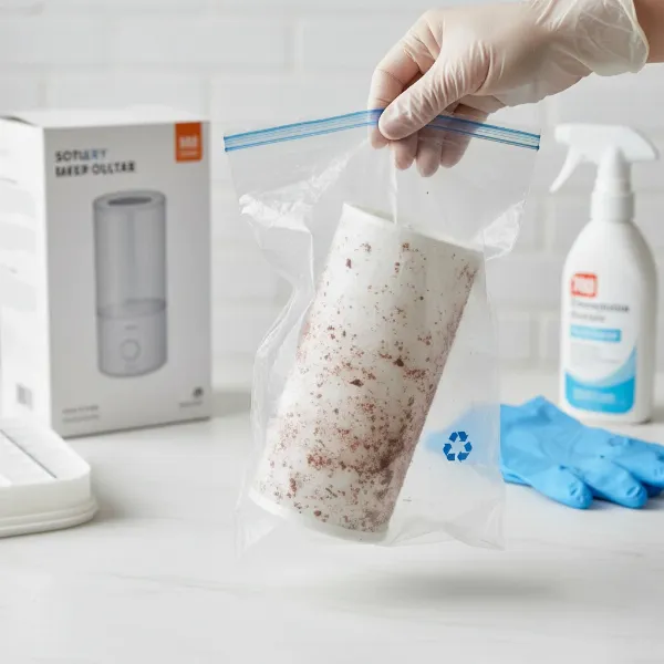 A person properly disposing of a used humidifier filter in a sealed bag, emphasizing cleanliness and responsible waste management.